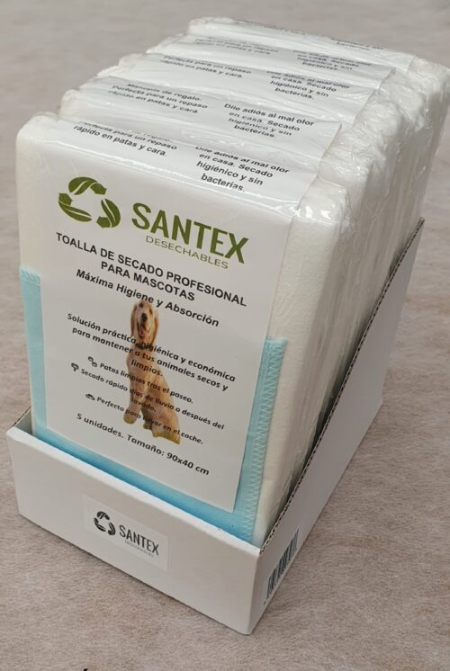 Caja expositora de toallas desechables para perros en packs de 5 unidades con manopla de regalo
